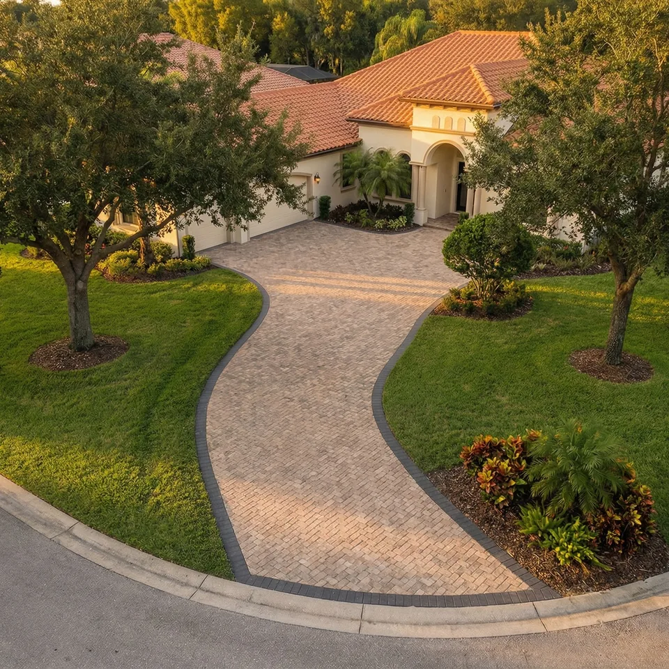 Aerial concept rendering of a curved paver driveway with a dark border between two live oaks