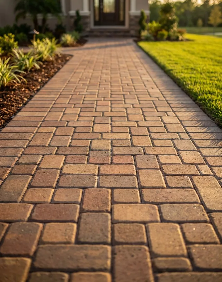Concept rendering of a brick-tone paver walkway in running bond with a border course leading to a front door