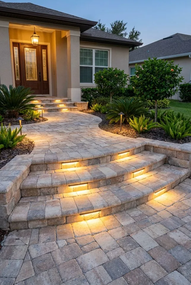 Concept rendering of curved paver entry steps with integrated riser lighting and a winding walkway
