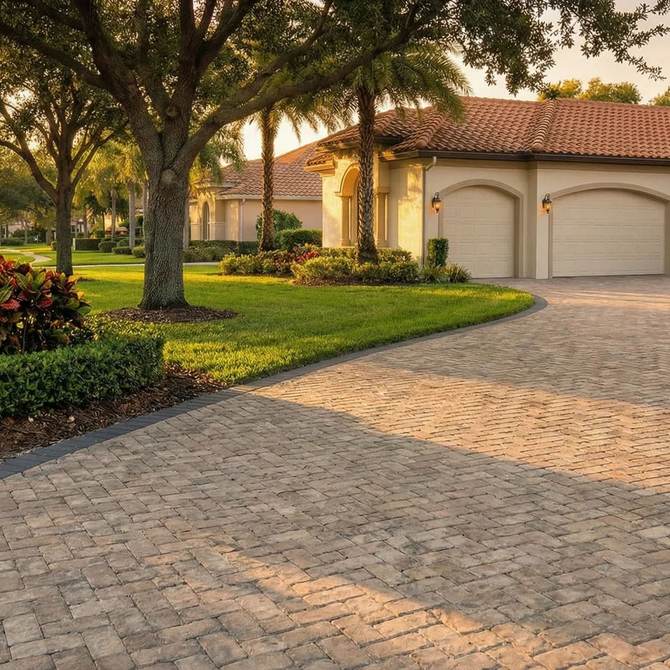 Concept rendering of a curved tan paver driveway edged in charcoal in front of a tile-roof home