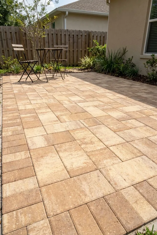 Concept rendering of a compact tan paver patio with a bistro set beside a wood privacy fence