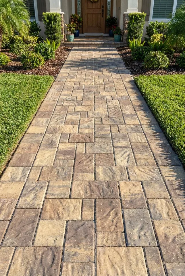 Concept rendering of a tan paver front walkway with a soldier-course border toward a covered entry